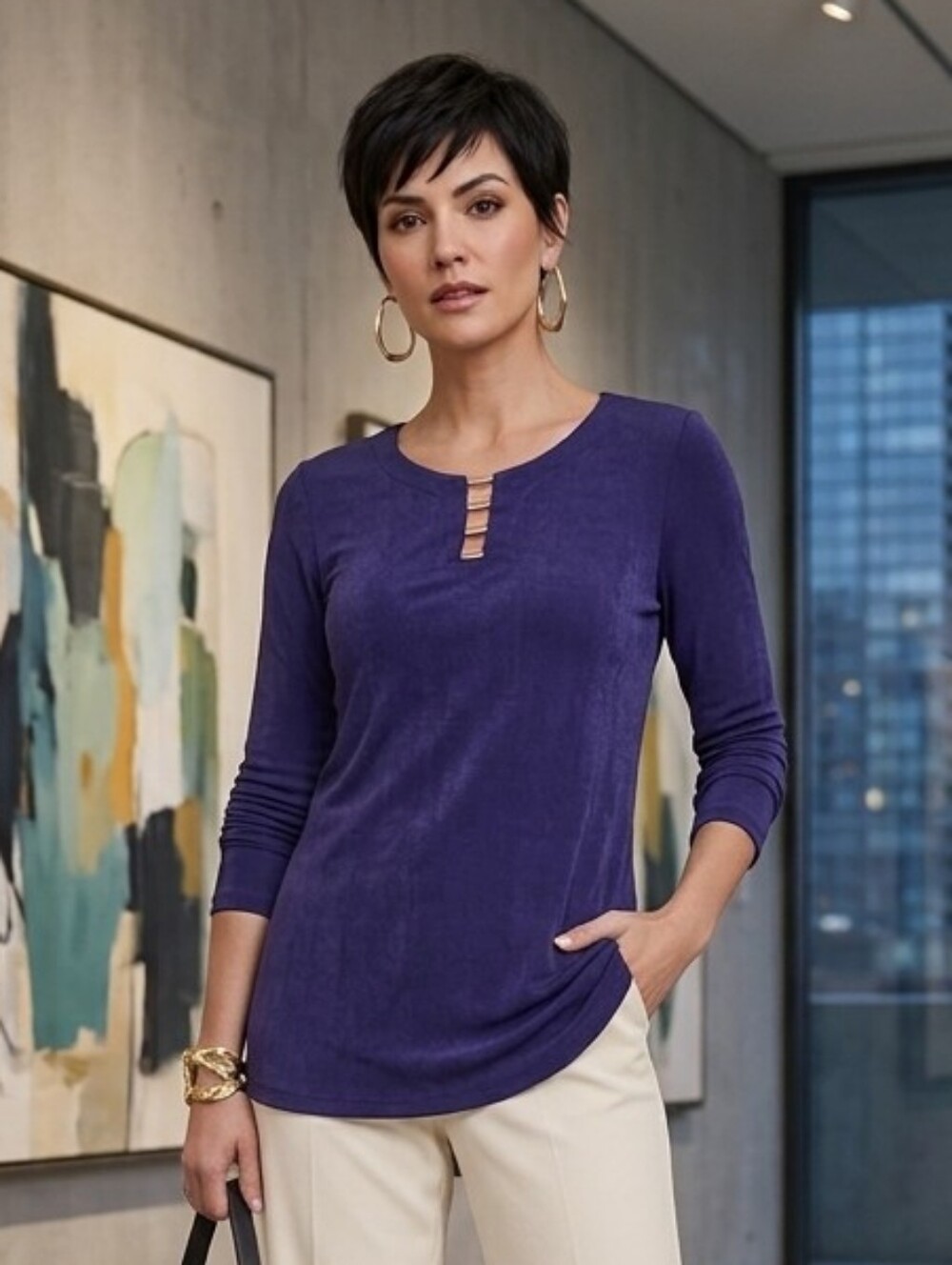 Chico's Silky Ribbed Knit Keyhole Tunic Top Size XL Modern Contemporary Casual